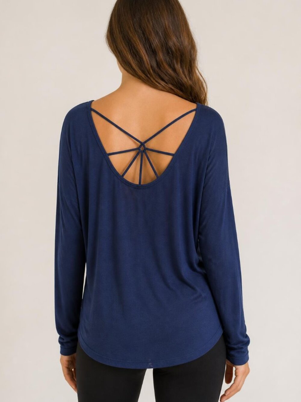 Gaiam Navy Blue Crisscross Strappy Back Long Sleeve Scoop Neck Yoga Top Womens M